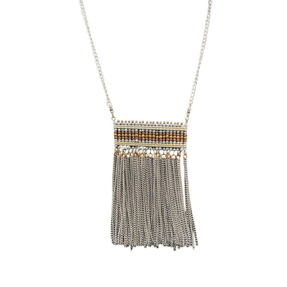 Beaded Tassel Fringe Pendant Chain Necklace Silver and Gold Tone 22 Inches